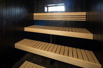 Thermory Sauna ignite wall panels and thermo-aspen benches