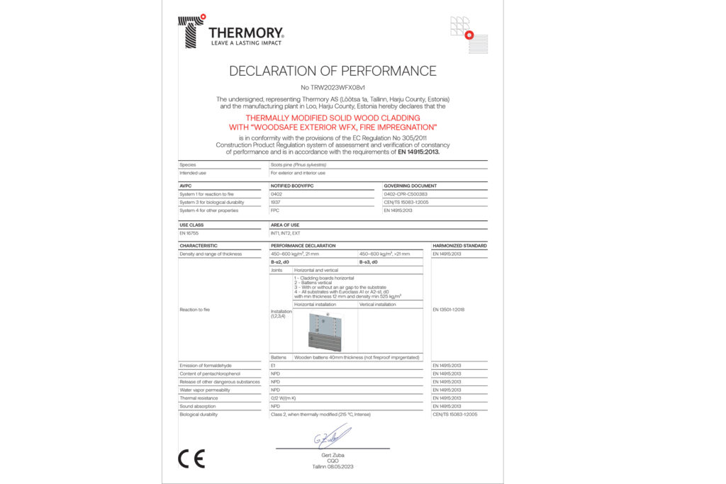 Fire retardant thermowood declaration of performance