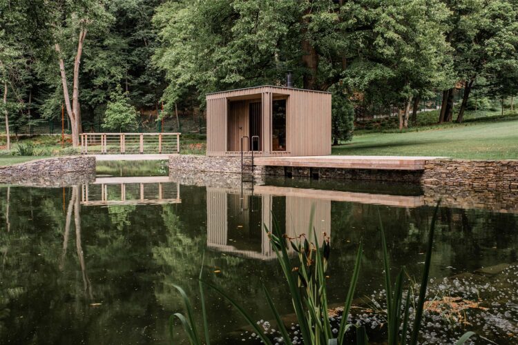 outdoor sauna with thermory pine cladding