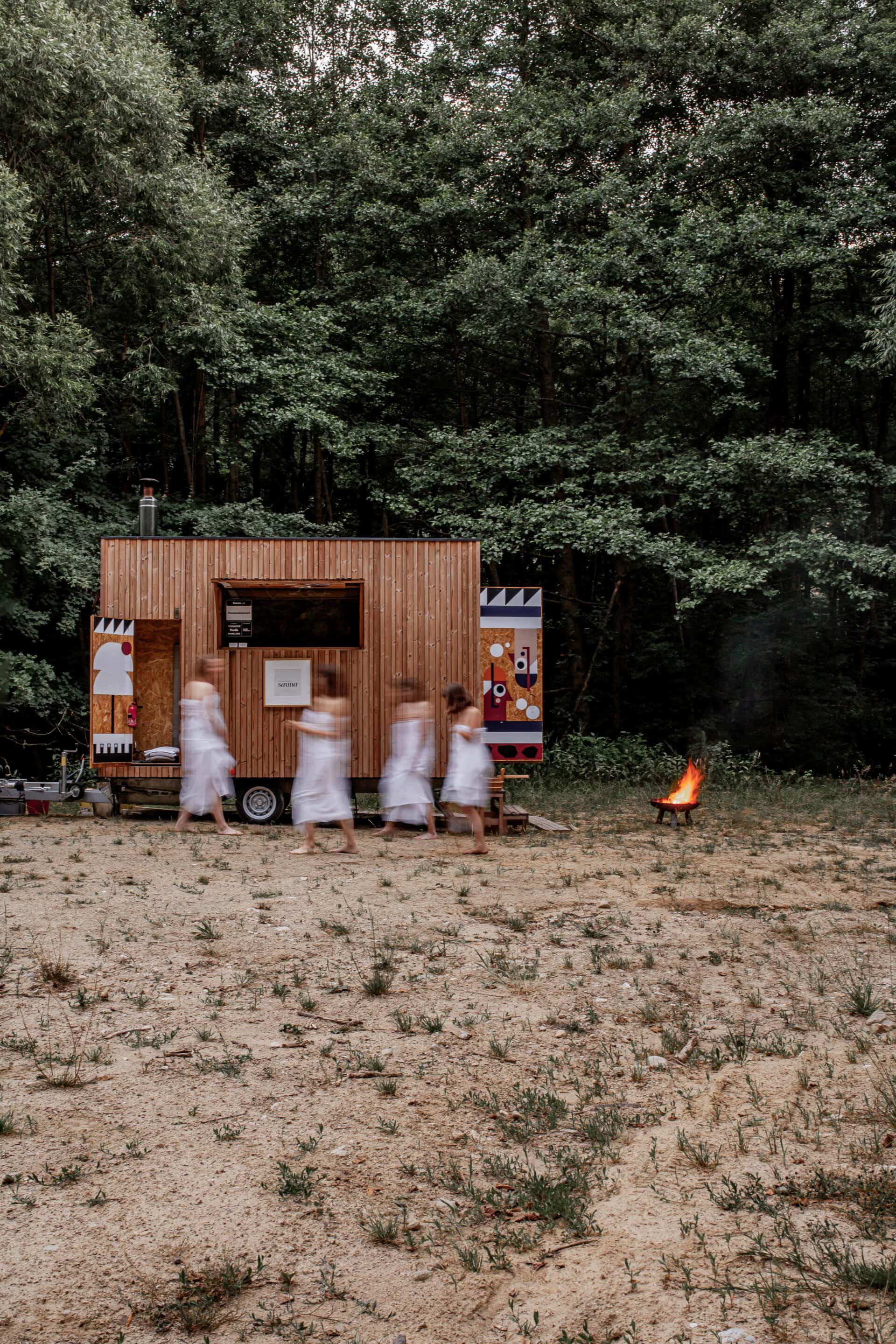 Mobile sauna made by using thermally modified wood.