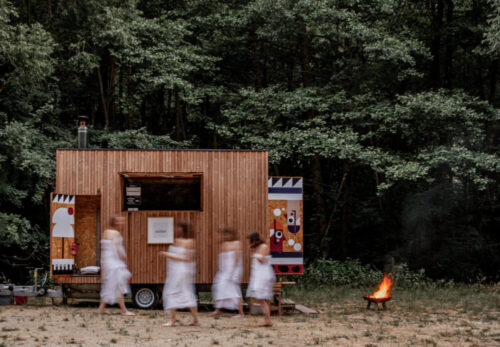 Mobile sauna made by using thermally modified wood.