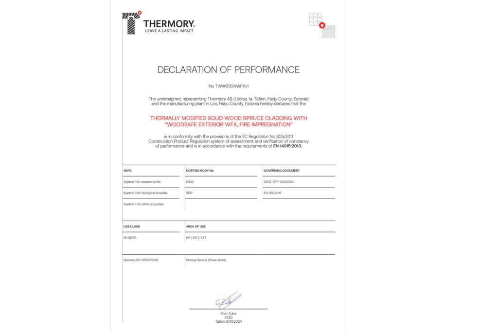 Thermory CE DOP spruce Solid Wood Cladding with Woodsafe-Exterior