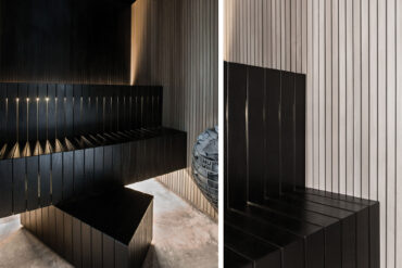 Private Sauna, Estonia, Thermory alder wall panels and thermo-aspen benches with black oil