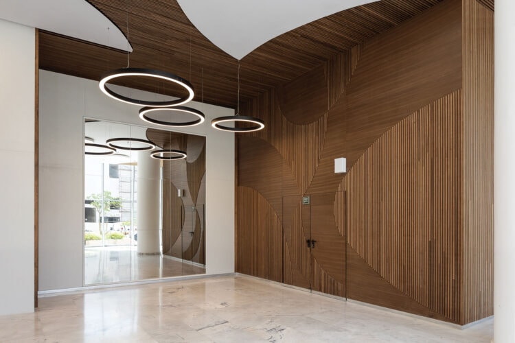Public Building Lobby, Thermory Benchmark thermo-ash cladding, profile C4, Architect TEVET- HEN architecture and interior design, Photo_Diego Rosman
