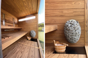 Modern outdoor sauna, Slovakia, Thermory thermo radiata pine wall panels and benches