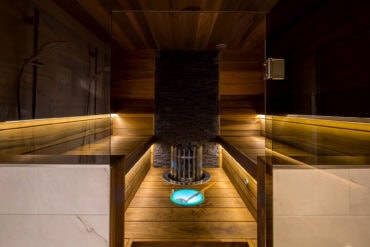 Thermory Sauna, thermo-magnolia wall panels and benches