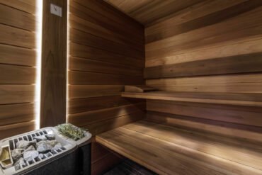 Thermory Sauna, thermo-magnolia wall panels and benches