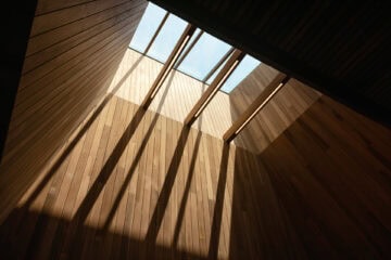Detail of the Thermory Thermo-Magnolia skylight feature at the Baltimore Ravens’ Under Armour Performance Center by ZGF Architects.