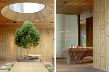 Lähikuva Thermory Dune -lämpökäsitellystä kuusesta, joka korostaa luonnollista tekstuuria, puita ja paikallista kiveä.