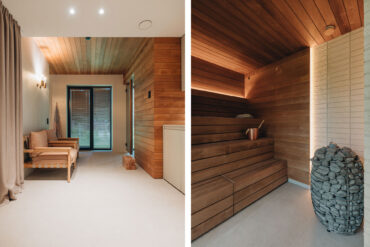 Contemporary home spa interior featuring Thermory thermo-alder wall panels and benches, showcasing warm tones, natural wood texture and minimalist Nordic design.