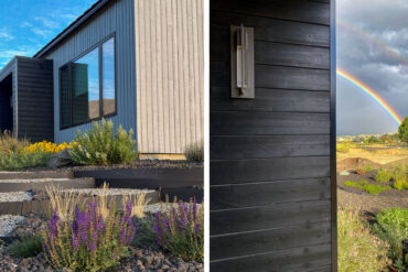 Thermory Vivid Silvered and Vivid Opaque Black cladding on modern passive house with colorful landscaping and mountain backdrop.