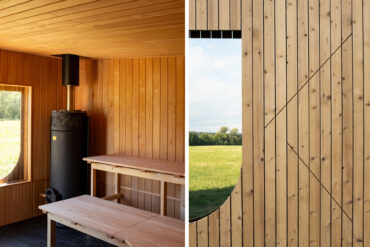 Sauna NUUK in Hradec Králové mit Thermory Thermo-Fichte Außenverkleidung und Erlen-Innenraum, gemeinschaftlich im Jahr 2025 erbaut.