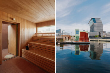 Trosten floating sauna in Oslo featuring Thermory thermo-alder interior and inclusive design by the fjord.
