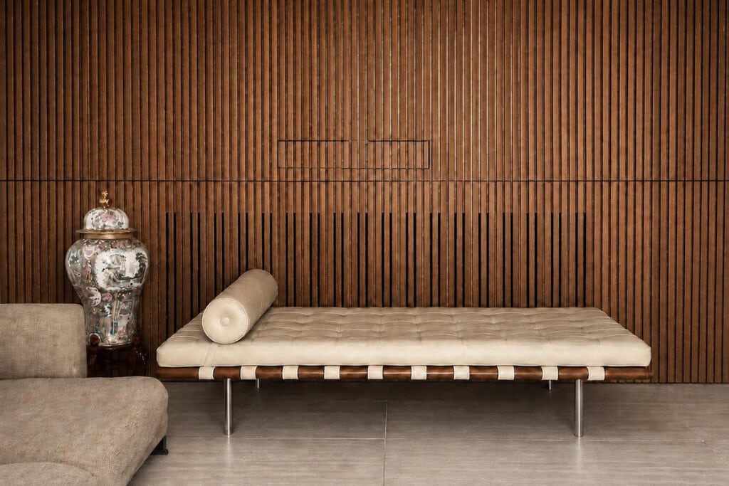 Thermory thermo radiata pine wall panels in a contemporary living room